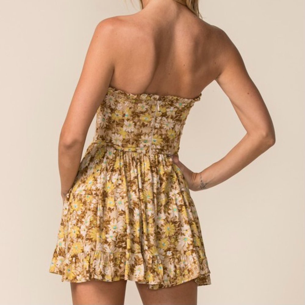 FALL DAYS YELLOW FLORAL STRAPLESS DRESS - Picture 3 of 3